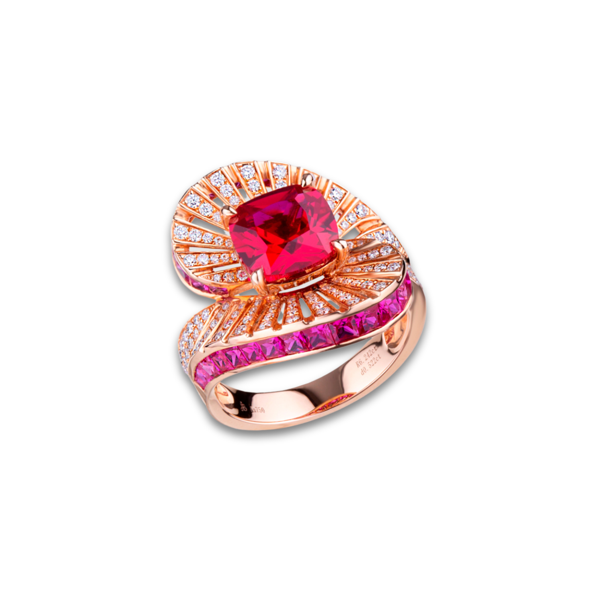 The Carnaval Ruby Ring by Just Brilliant – A vibrant and elegant design in radiant yellow gold, featuring 2.14 carats of vivid rubies and 0.52 carats of expertly cut lab-created diamonds, symbolizing movement and timeless beauty. A striking fusion of bold color and sophisticated craftsmanship, perfect for celebrating luxury.
