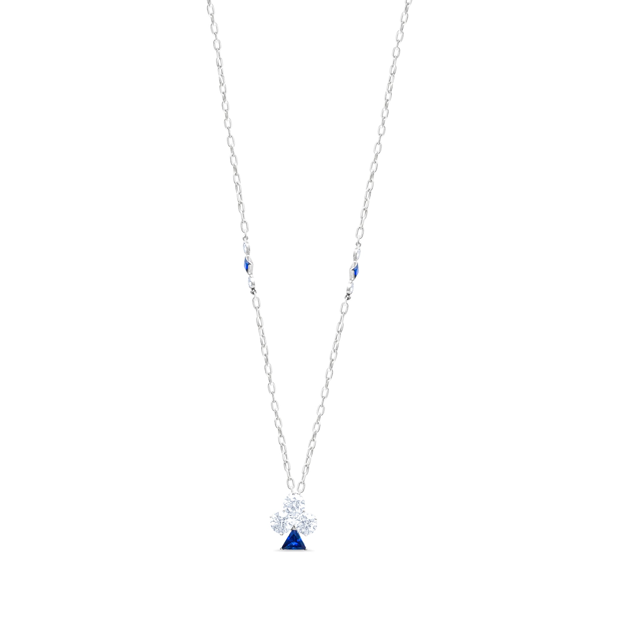 Just Brilliant Club Fortune Pendant from the Monte Carlo Collection, crafted in 18K white gold with a 1.9-carat lab-created diamond and 0.5-carat lab sapphire blue, symbolizing elegance and luck.