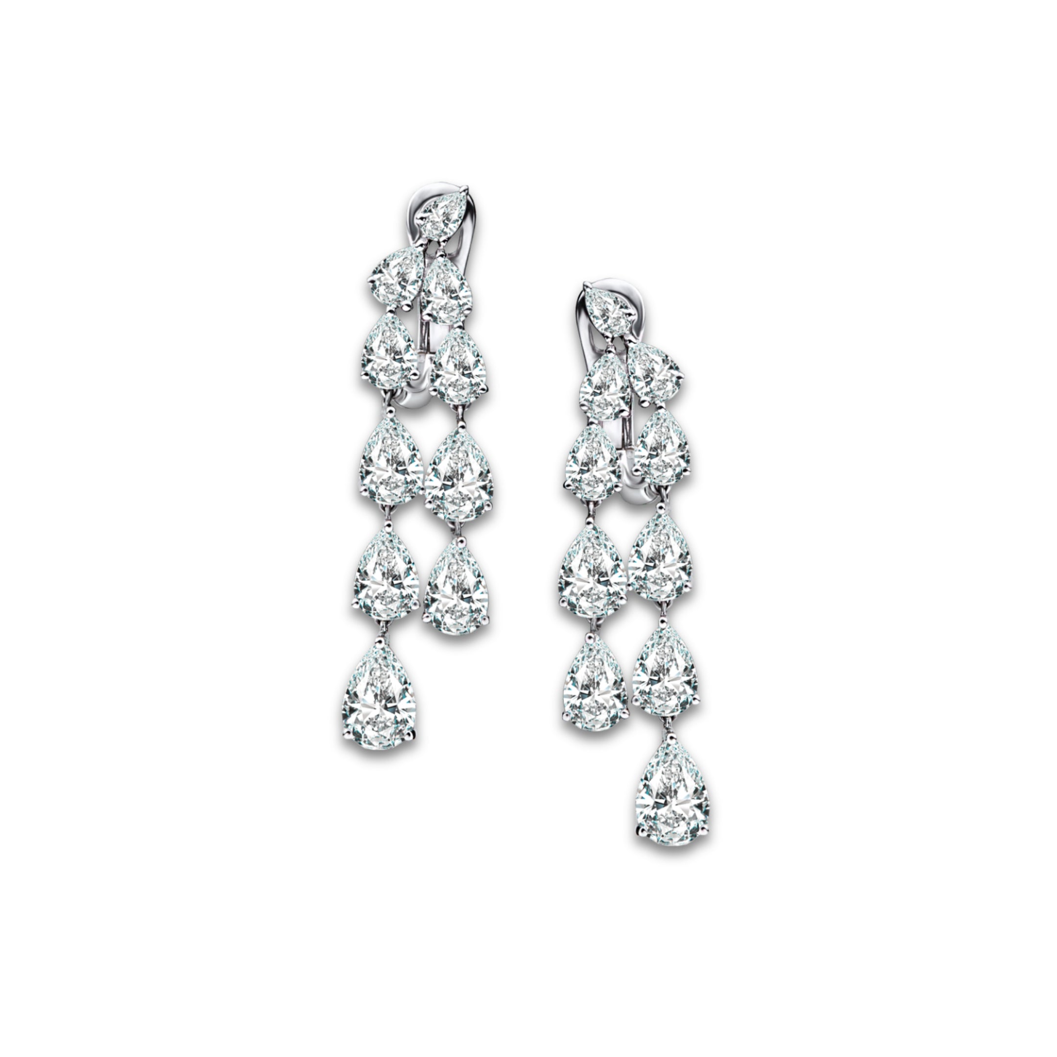 The Diamond Rain Earrings by Just Brilliant – Crafted from 18-karat gold, these earrings feature 7 carats of lab-created diamonds, each pear-shaped diamond suspended to mimic raindrops. The design evokes serene elegance and timeless sophistication, with the diamonds sparkling like droplets of light.