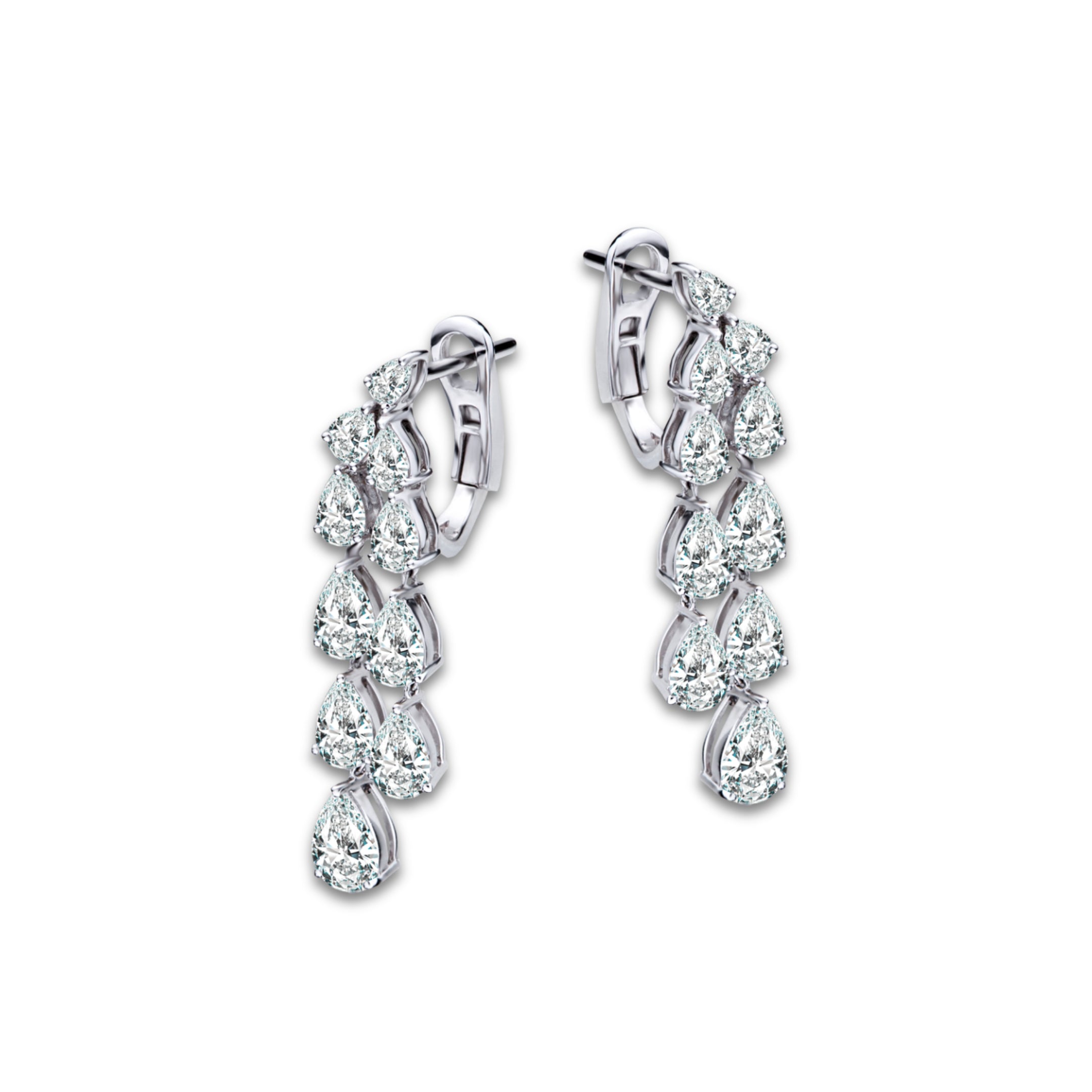 The Diamond Rain Earrings by Just Brilliant – Crafted from 18-karat gold, these earrings feature 7 carats of lab-created diamonds, each pear-shaped diamond suspended to mimic raindrops. The design evokes serene elegance and timeless sophistication, with the diamonds sparkling like droplets of light.