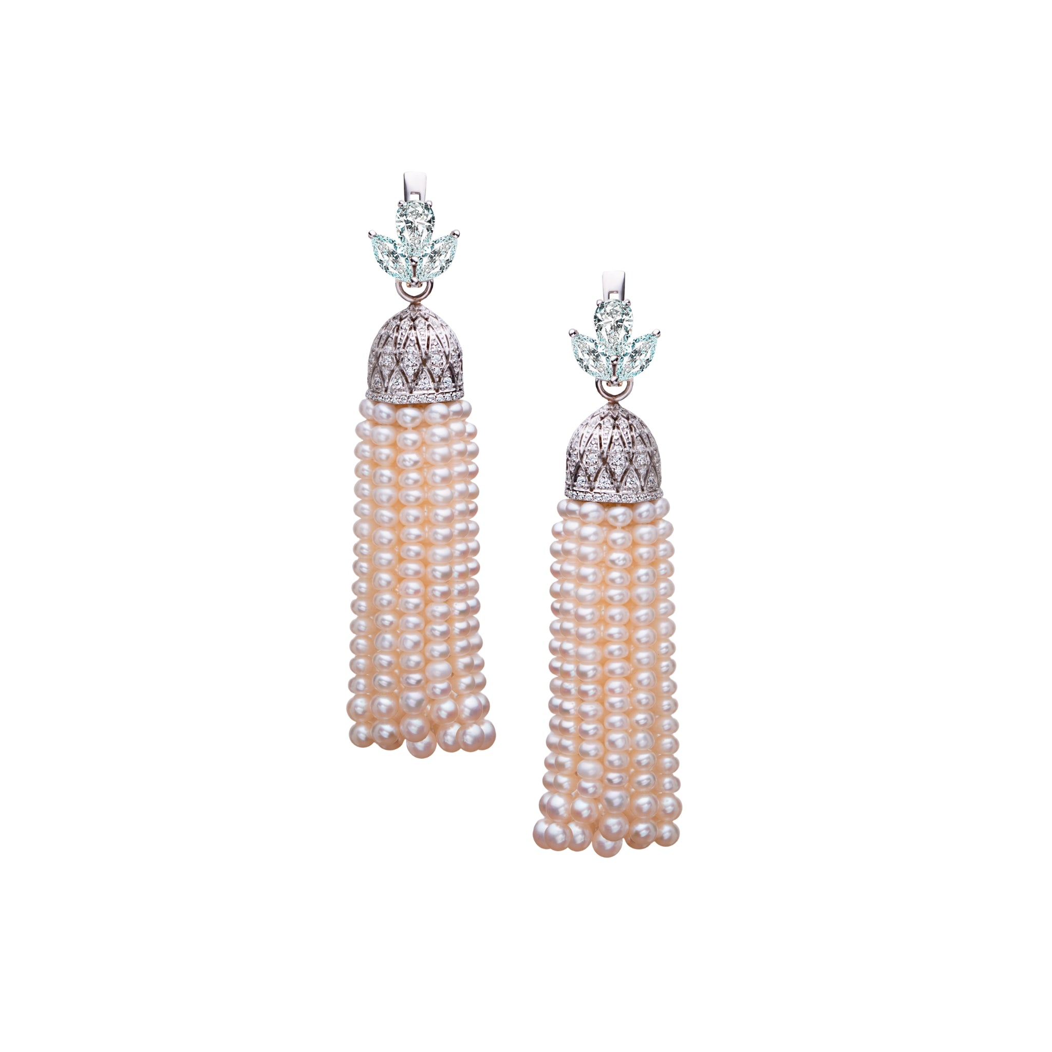 Front view of Lulu Maysoon Earrings by Just Brilliant, crafted in 18K white gold with 5.80ct lab-created diamonds and cascading Akoya pearls.