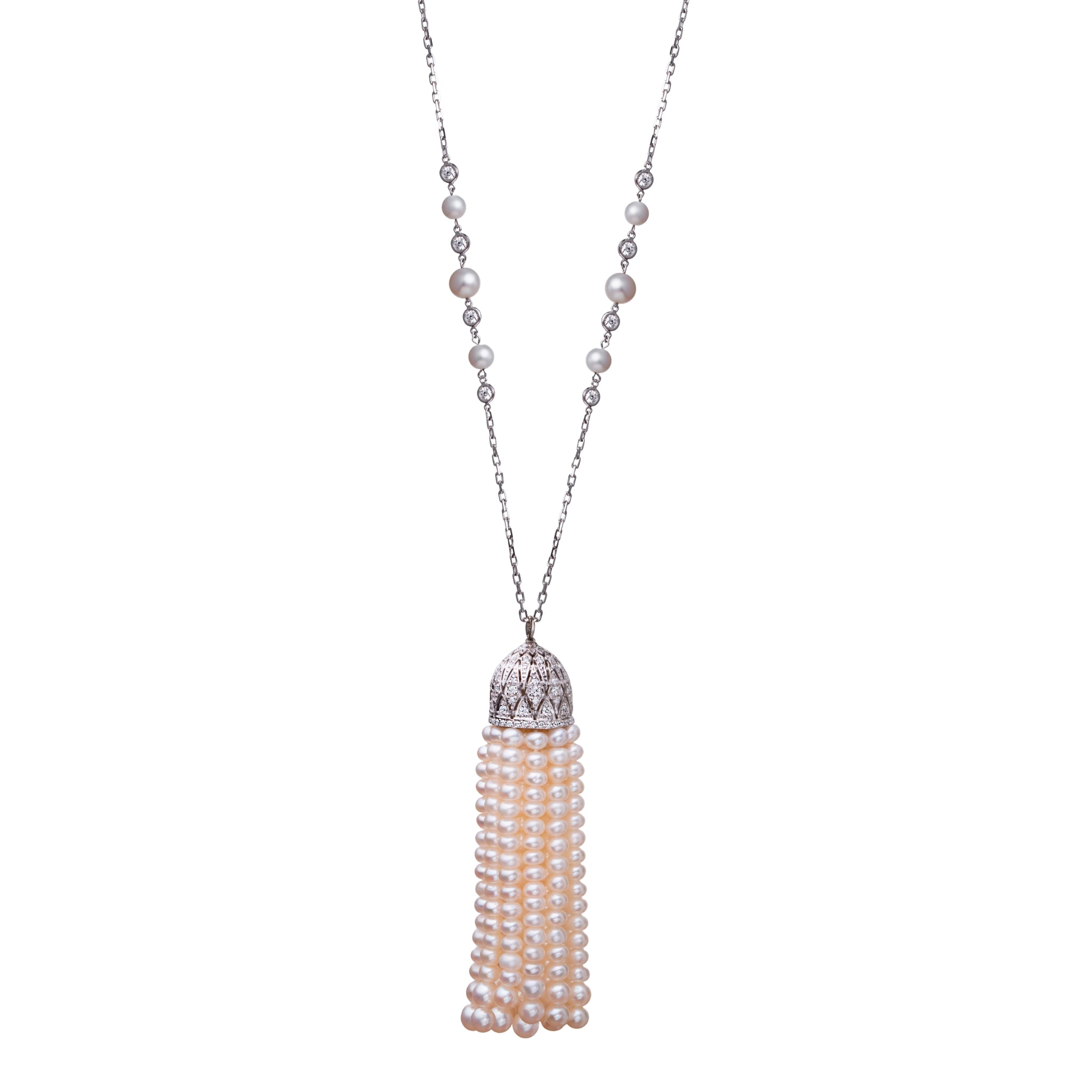 Noor Necklace by Just Brilliant, featuring lustrous Akoya pearls, 1.9 carats of lab-created diamonds, and crafted in 18K white gold.