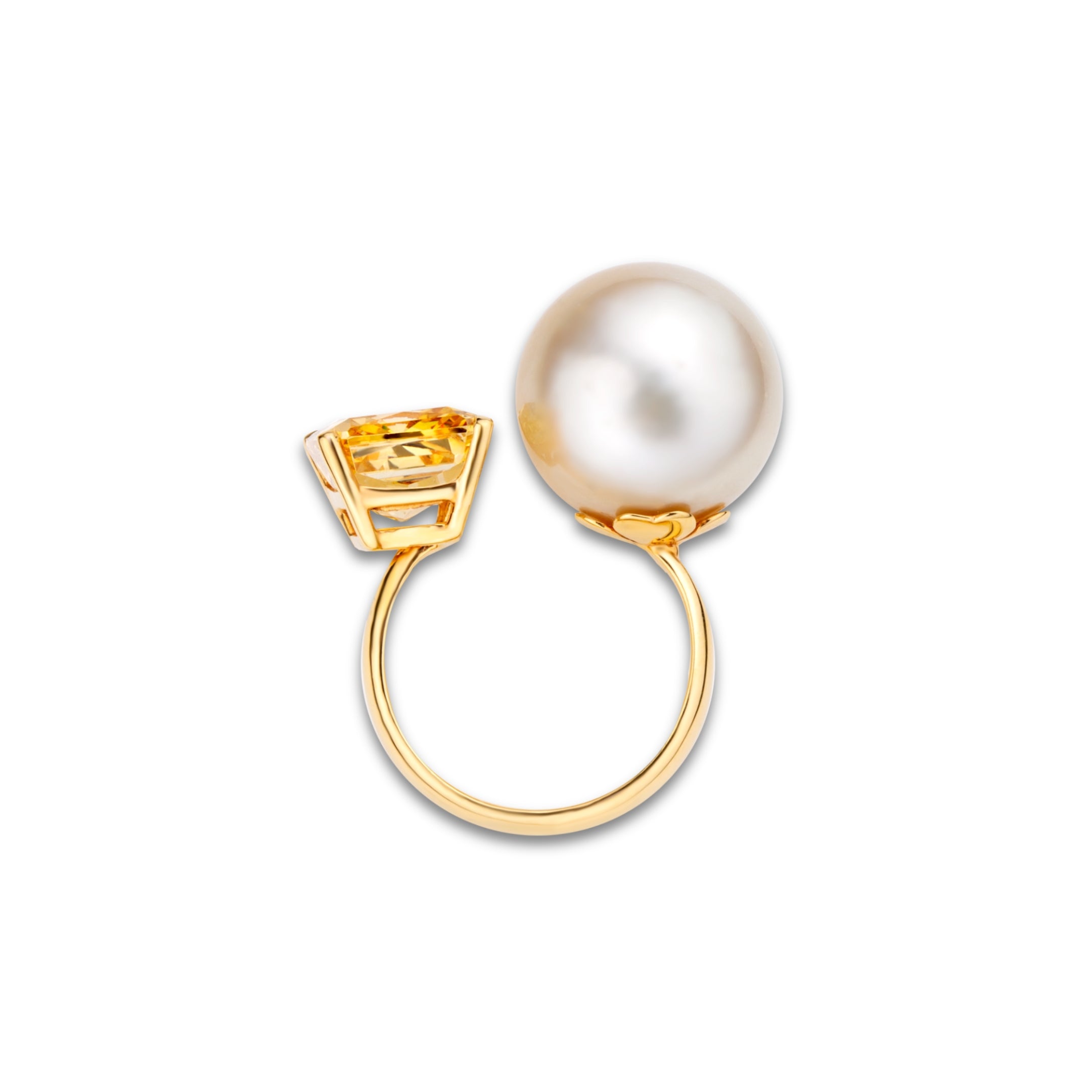 The Solar Pearl Ring by Just Brilliant, an exquisite 18-karat yellow gold creation featuring a vibrant 5.5-carat natural citrine and a luminous Japanese Akoya pearl, designed to embody elegance and timeless sophistication.